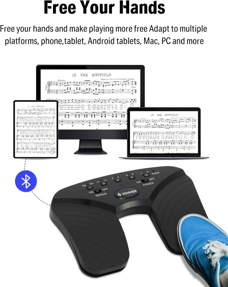 Donner Wireless Page Turner Pedal, Rechargeable Music Page Turner foot pedal for Tablets Phone, Black - Image 2